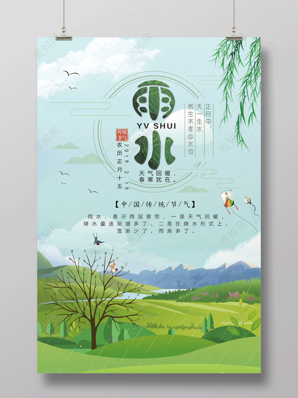 绿色简约清新二十四节气雨水节日海报