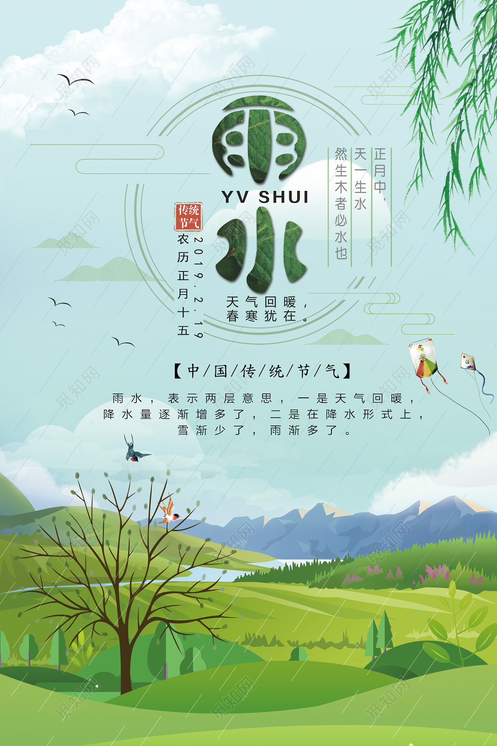绿色简约清新二十四节气雨水节日海报
