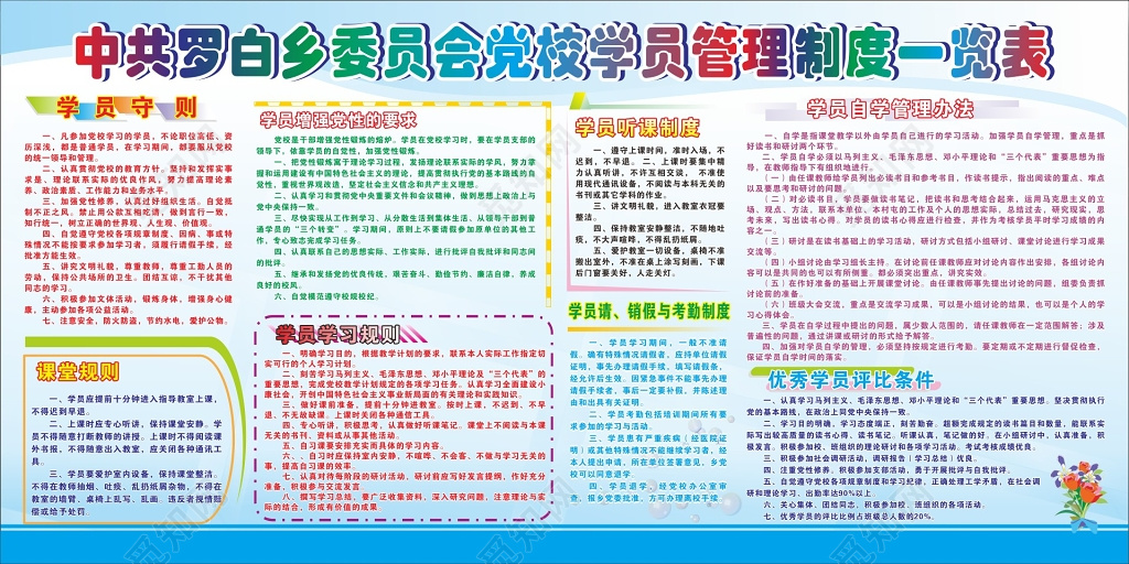 乡委党校学员管理制度一览表宣传栏海报
