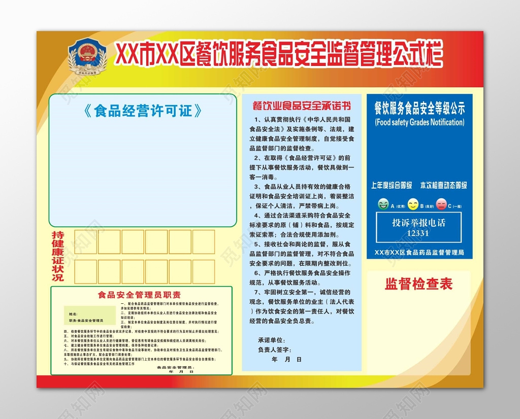 餐饮服务食品安全监管公示栏
