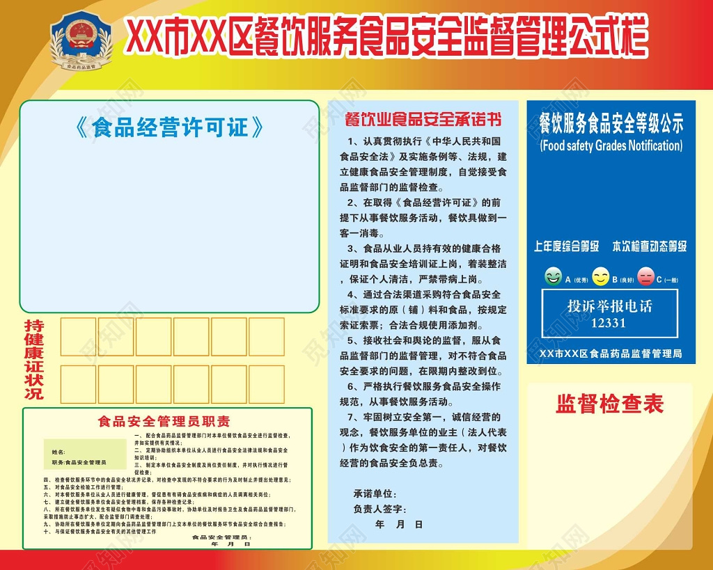 餐饮服务食品安全监管公示栏