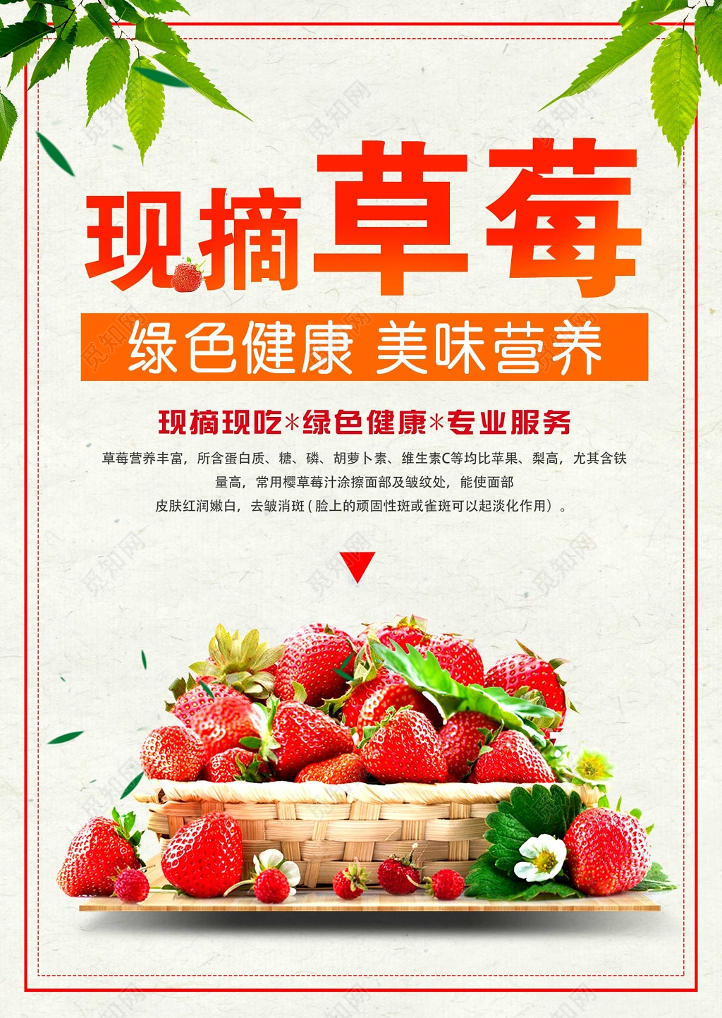 新鲜现摘草莓绿色健康美味营养草莓宣传促销海报