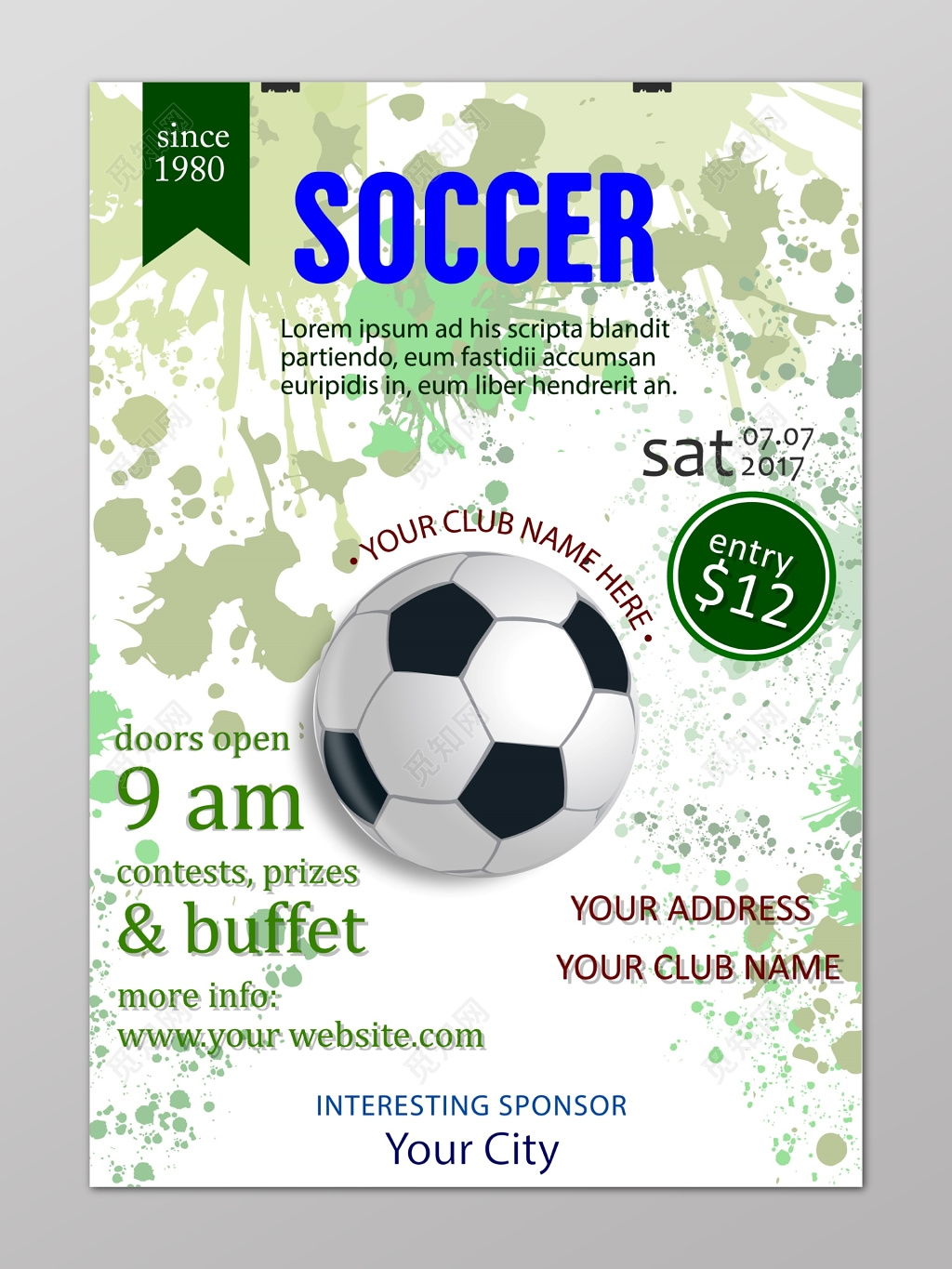 简约绿色颜料喷溅足球海报