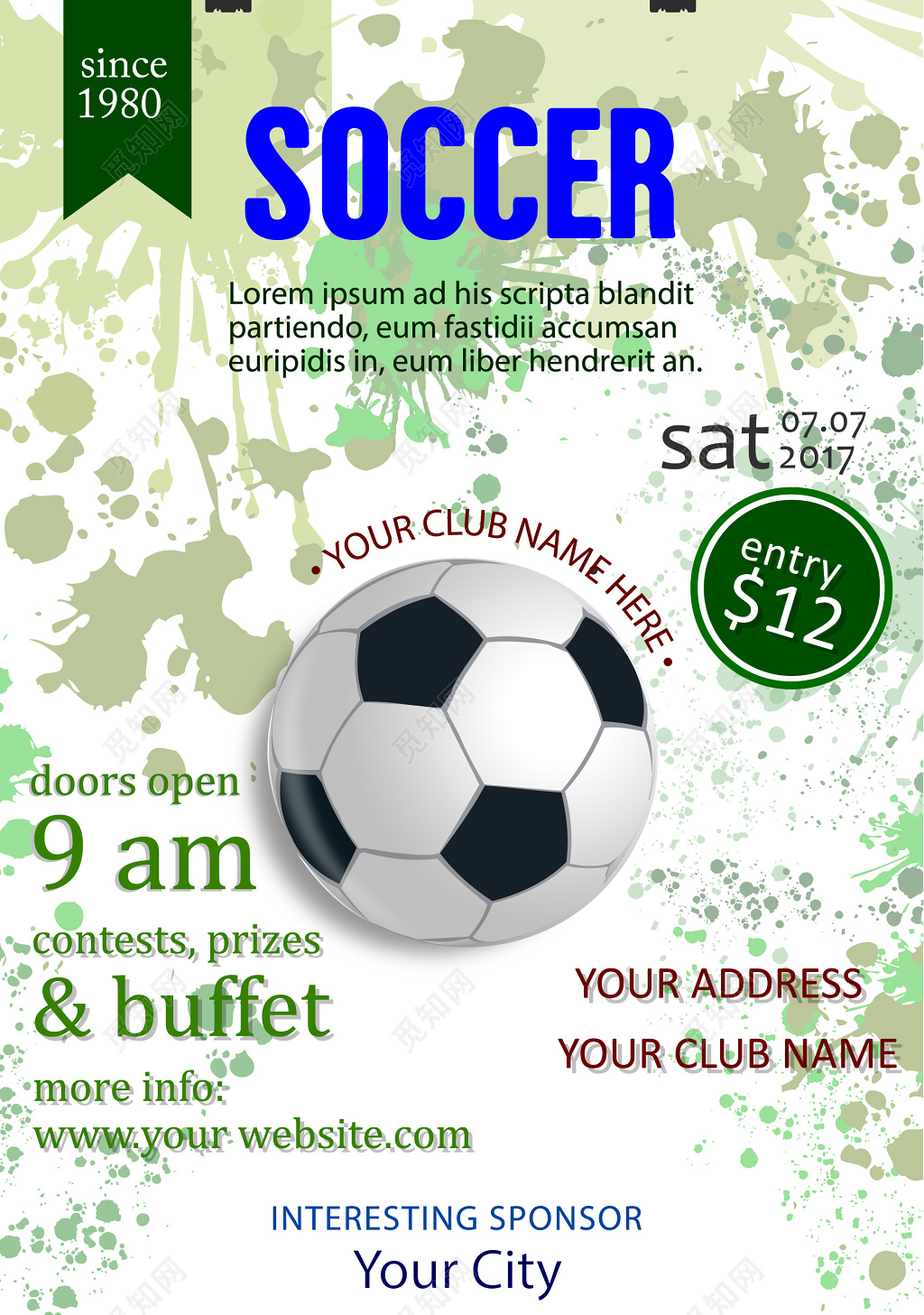 简约绿色颜料喷溅足球海报