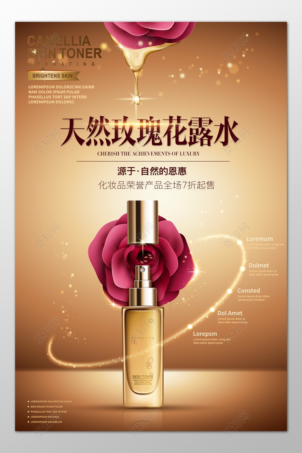护肤品天然玫瑰花露水化妆品折扣促销保养海报模板