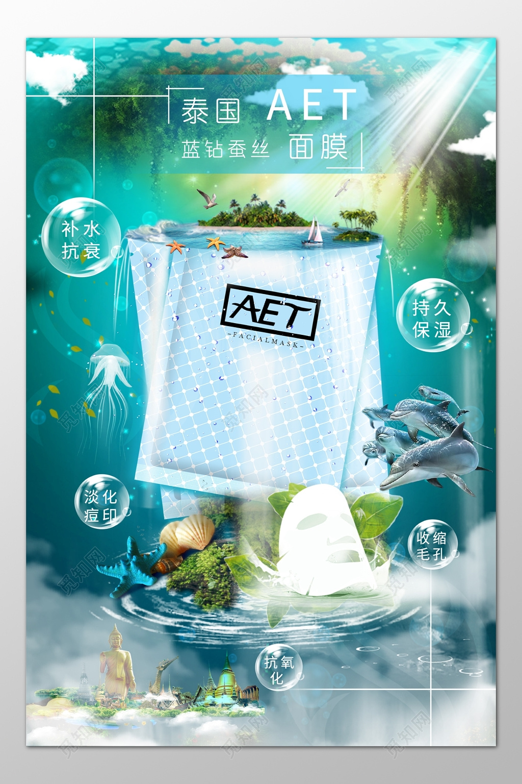护肤品保养面膜补水保湿淡化痘印绿色植物海报模板
