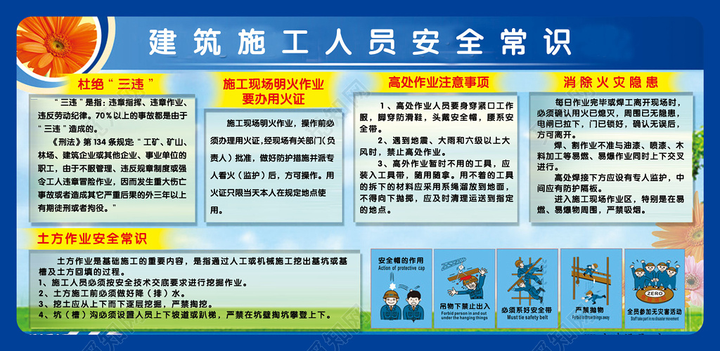 建筑施工人员安全常识蓝色鲜花公告栏