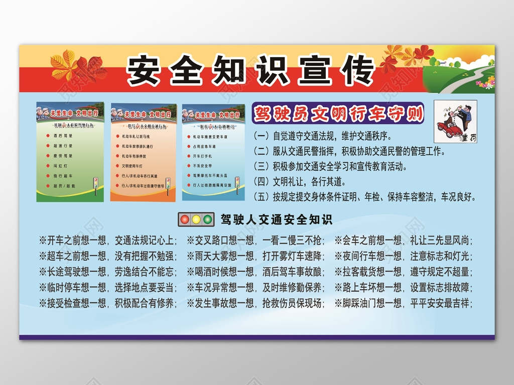蓝色简约背景安全知识宣传栏交通安全展板设计