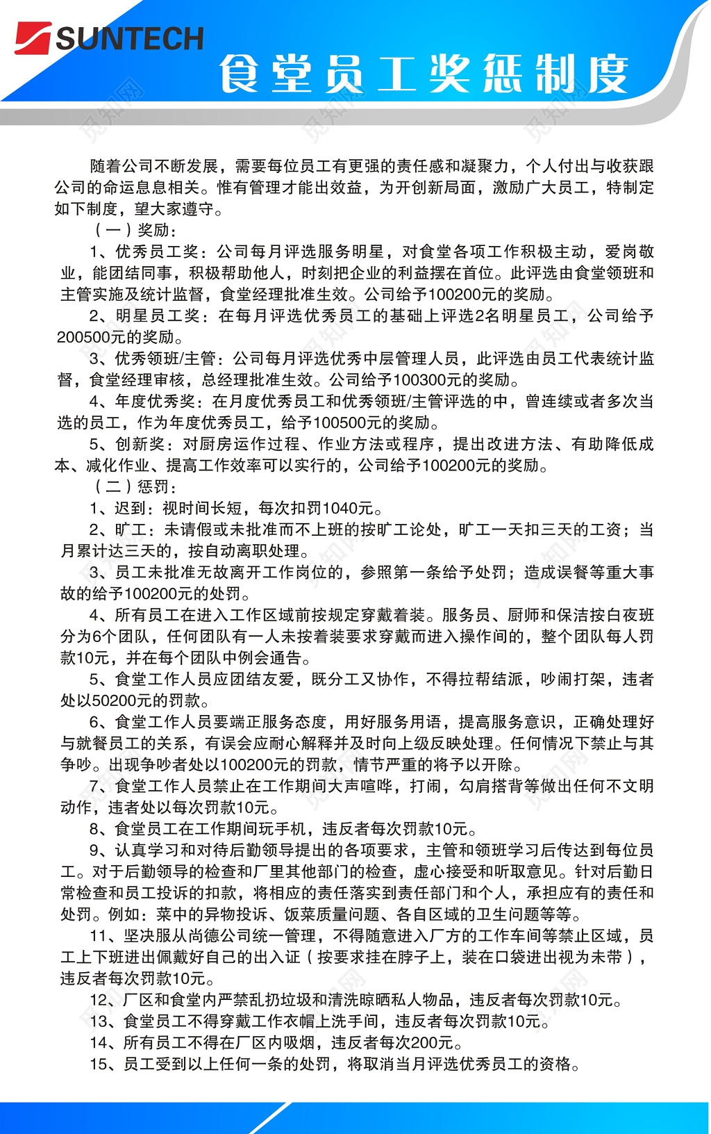 食堂员工奖惩制度牌