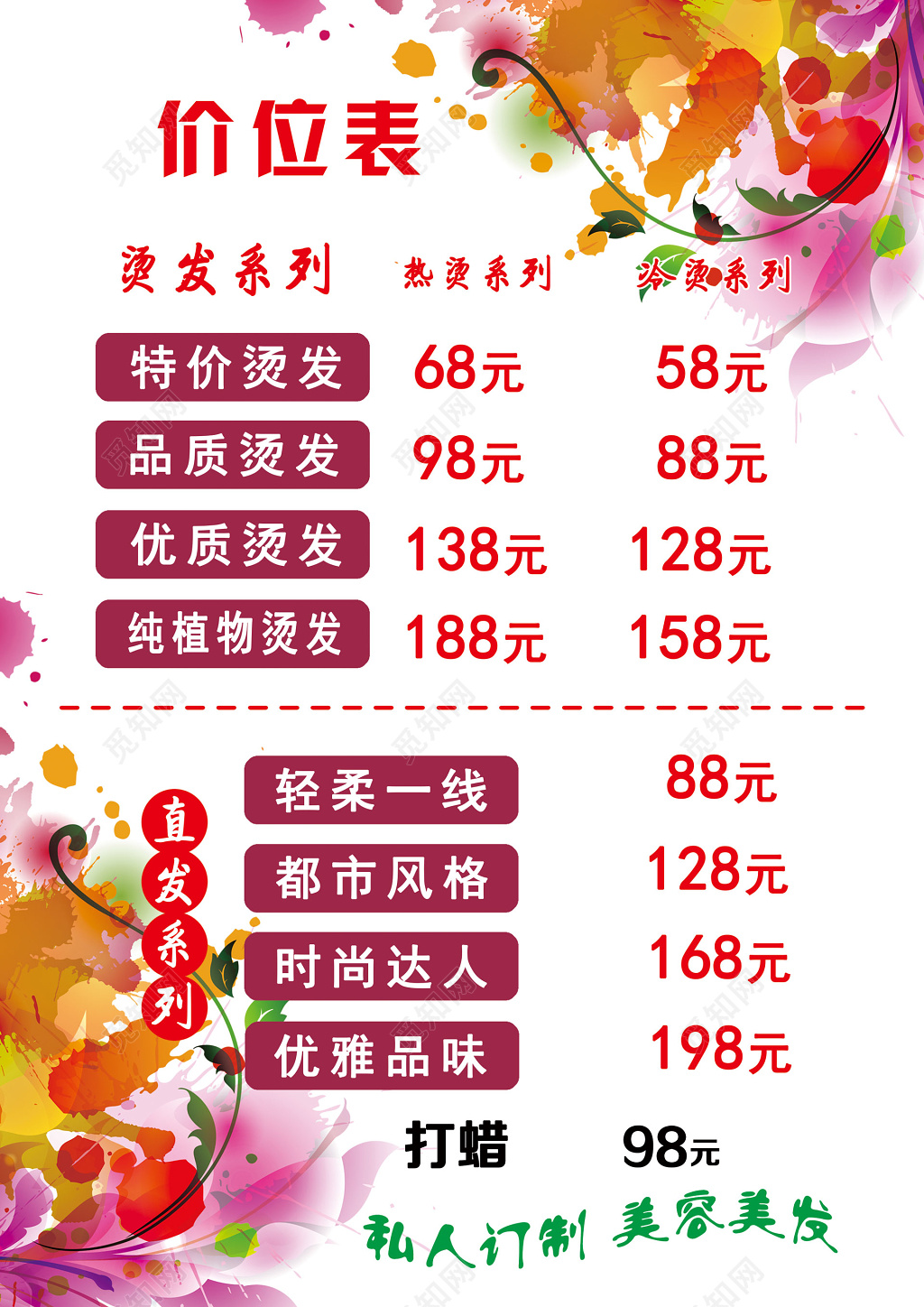 私人定制美容美发价目表