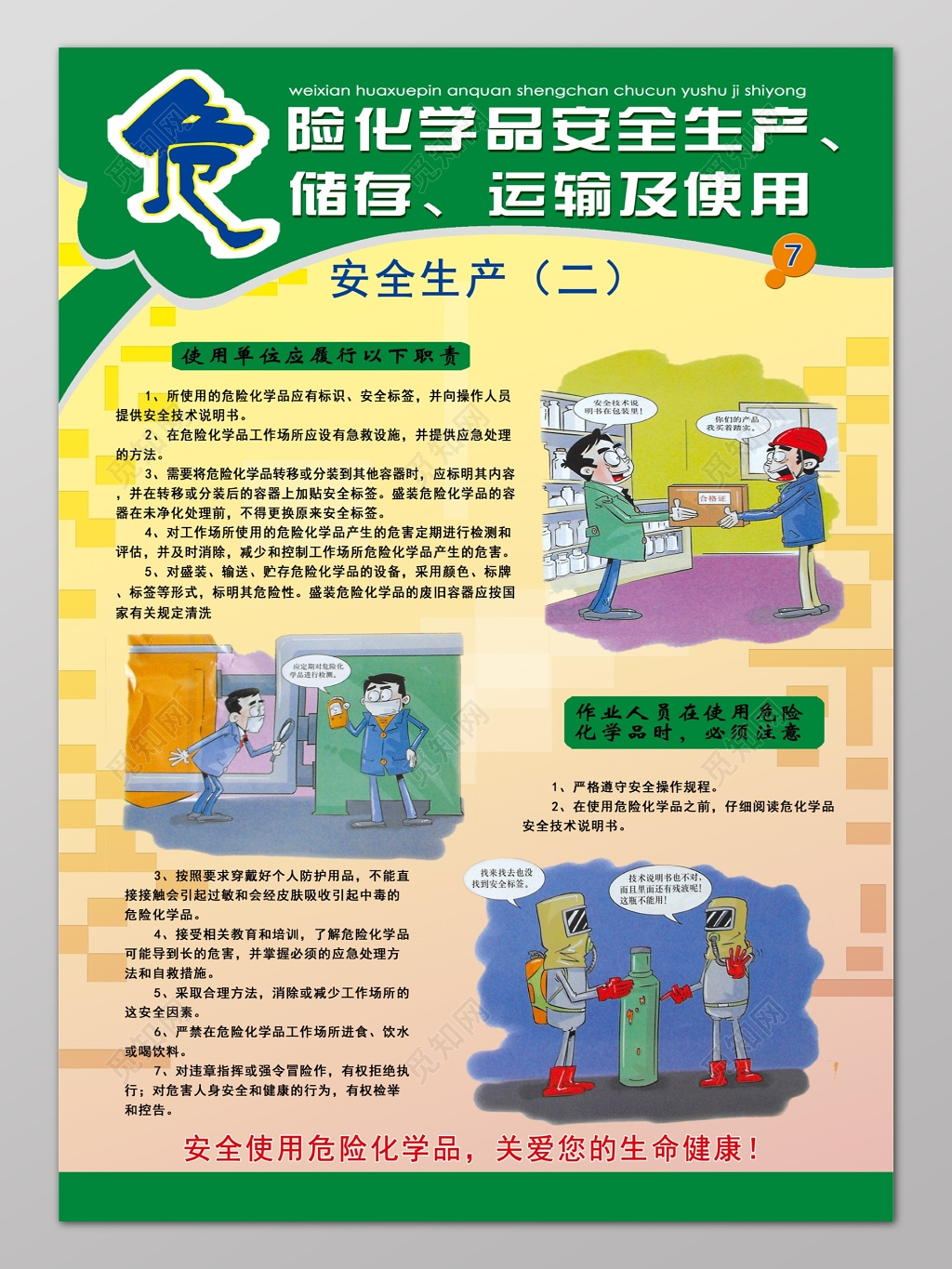 绿色卡通危险化学品安全生产使用单位职责人员注意事项海报