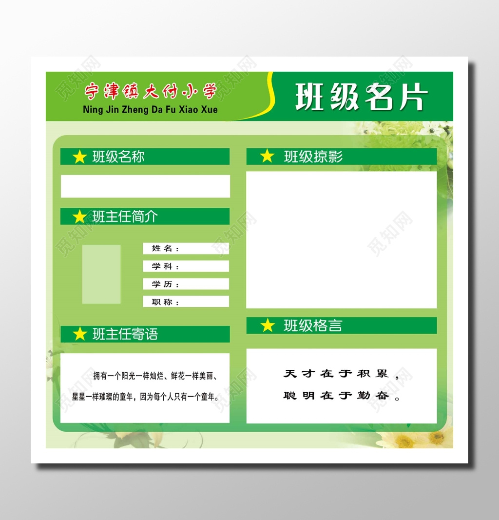班级名片班级介绍清新黄绿色班级名称班主任简介寄语格言展板设计