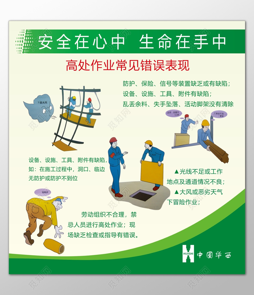 安全在心中生命在手中高处作业常见错误表现卡通宣传栏