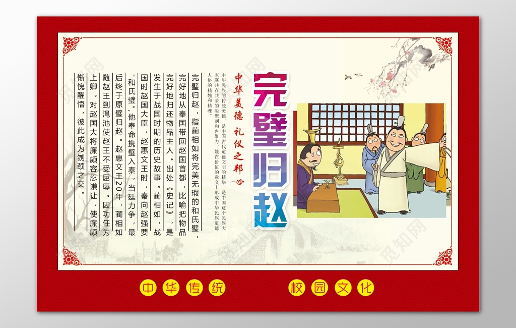 红色边框背景中华传统美德完璧归赵展板设计