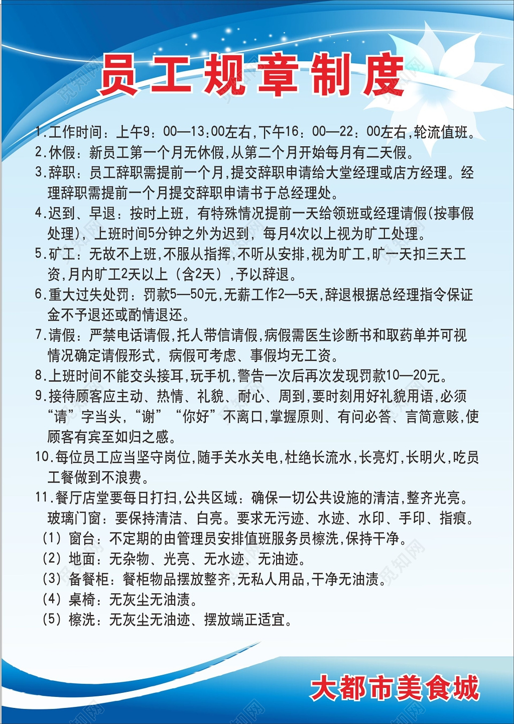 美食城员工规章制度员工管理制度牌