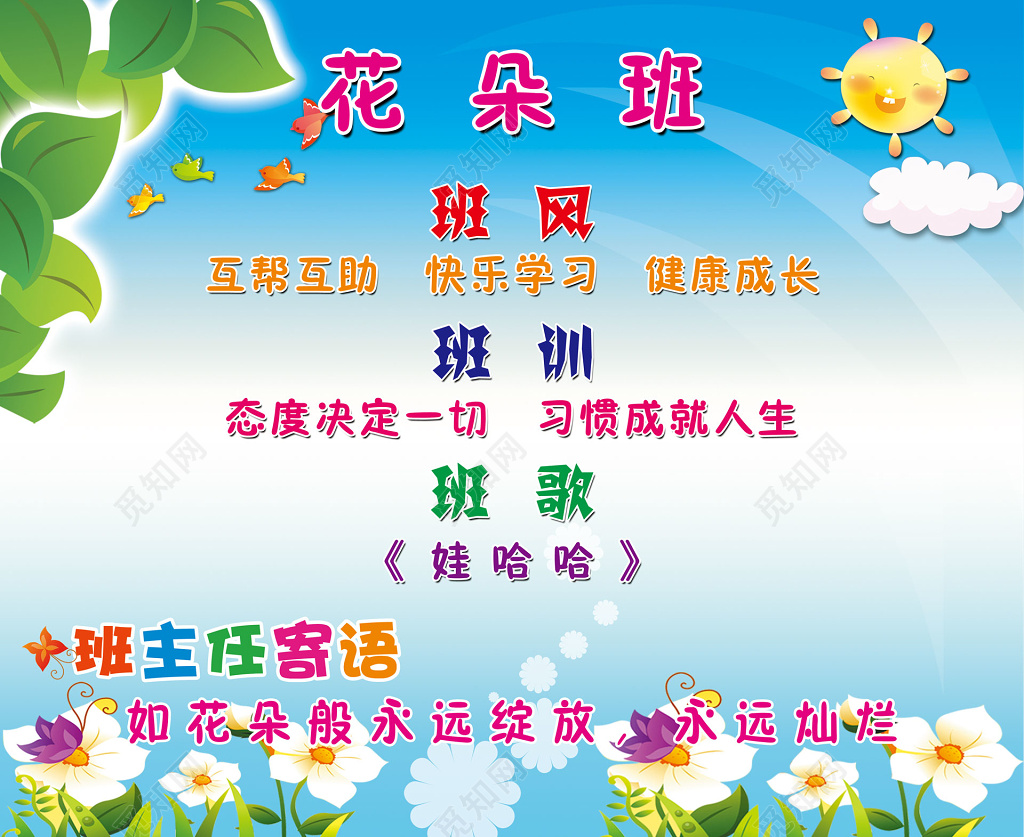 花朵班班风班训班歌班级名片展板
