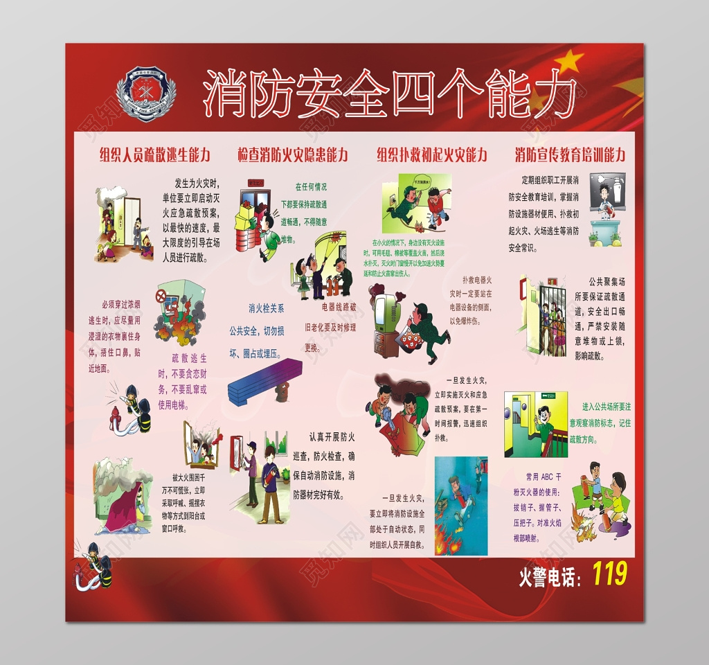 红色安全意识119消防安全能力展板模板