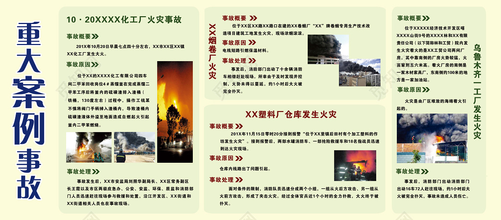 绿色简约工厂火灾事故案例挂图概要原因处理宣传栏