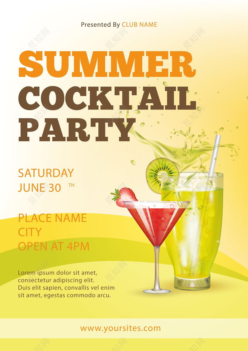黄色简约夏季鸡尾酒聚会饮品海报