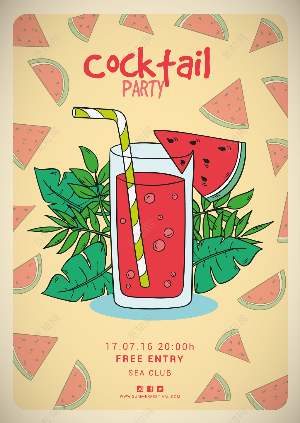 可爱手绘水果鸡尾酒聚会海报