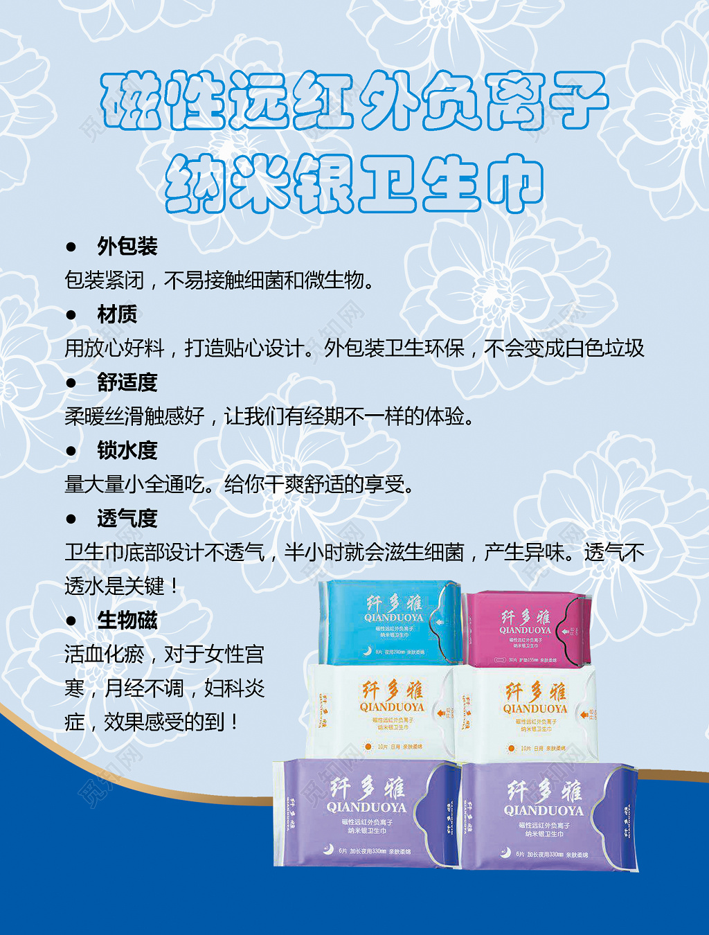 磁性远红外负离子纳米银简单卫生巾电商宣传海报