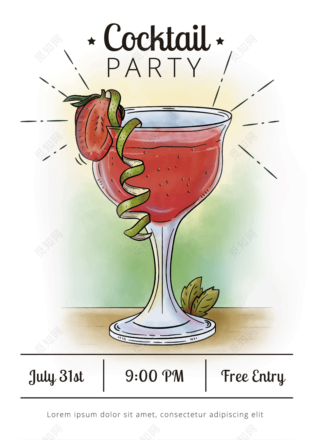 简约手绘鸡尾酒聚会饮品海报