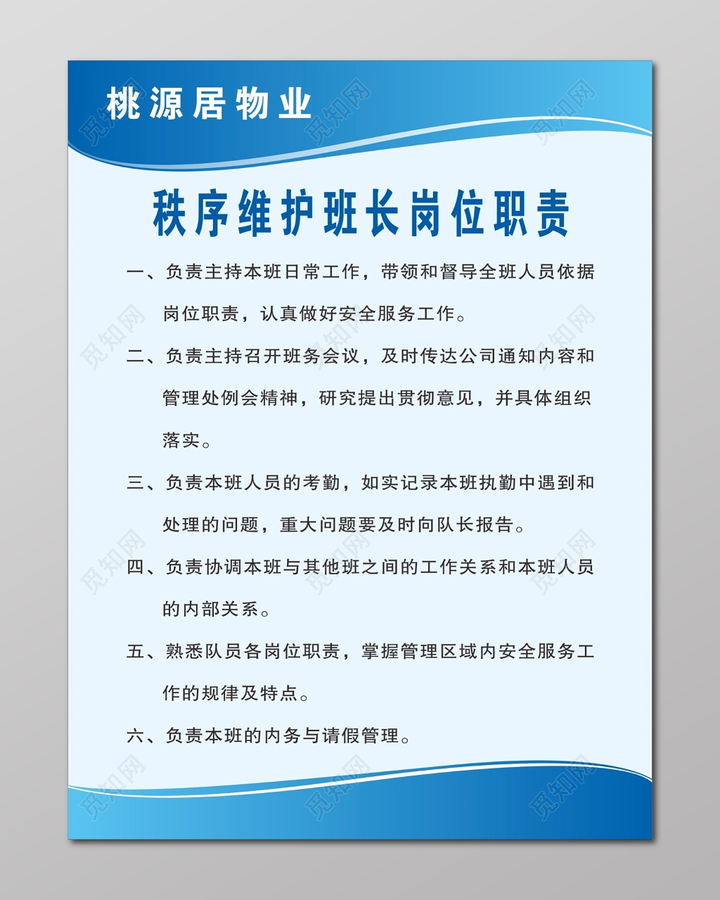 物业公司桃源居秩序维护班长岗位职责牌