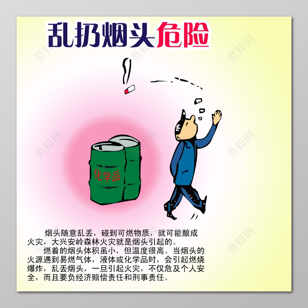 严禁乱扔烟头安全生产化学品烟火危险警示卡通漫画海报设计