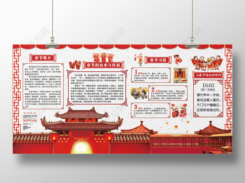 2019新年新春春节由来习俗传说简介展板