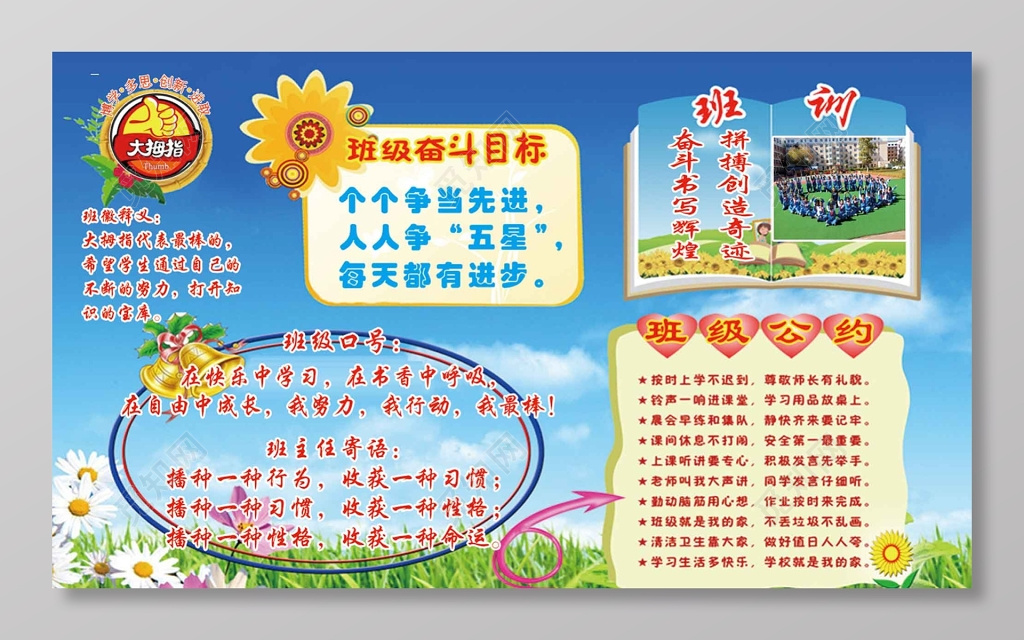 蓝色小学班训班级名片设计