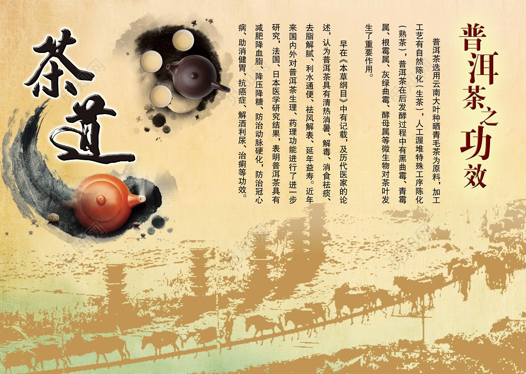 茶叶普洱茶功效宣讲古朴古色茶道普洱茶介绍功效降脂去腻展板设计