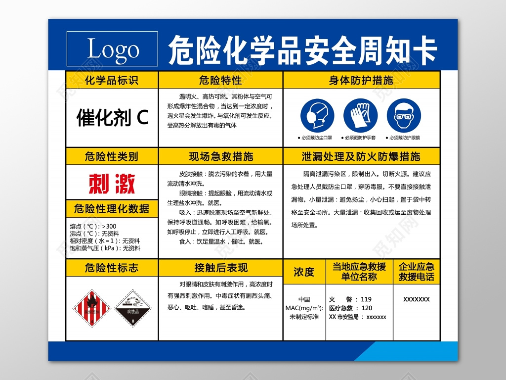 安全生产危险化学品催化剂C安全周知卡简单宣传牌模板