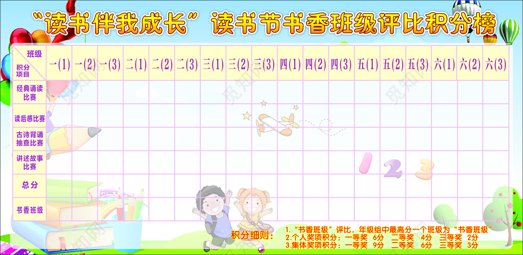 阅读小学读书节书香班级活动评比卡通积分榜