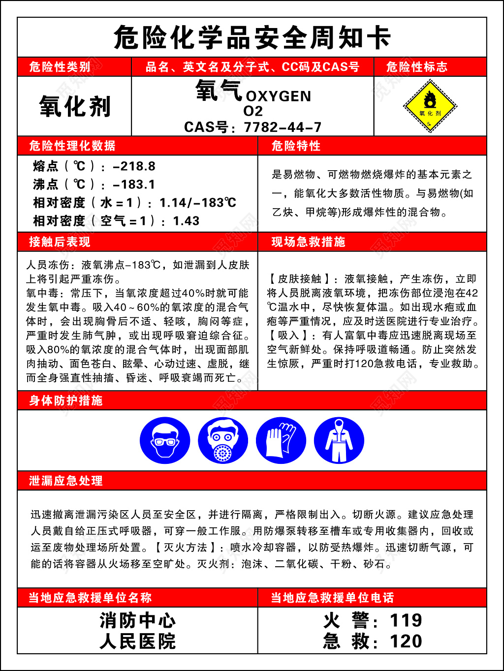 危险化学品氧气易燃急救措施周知卡