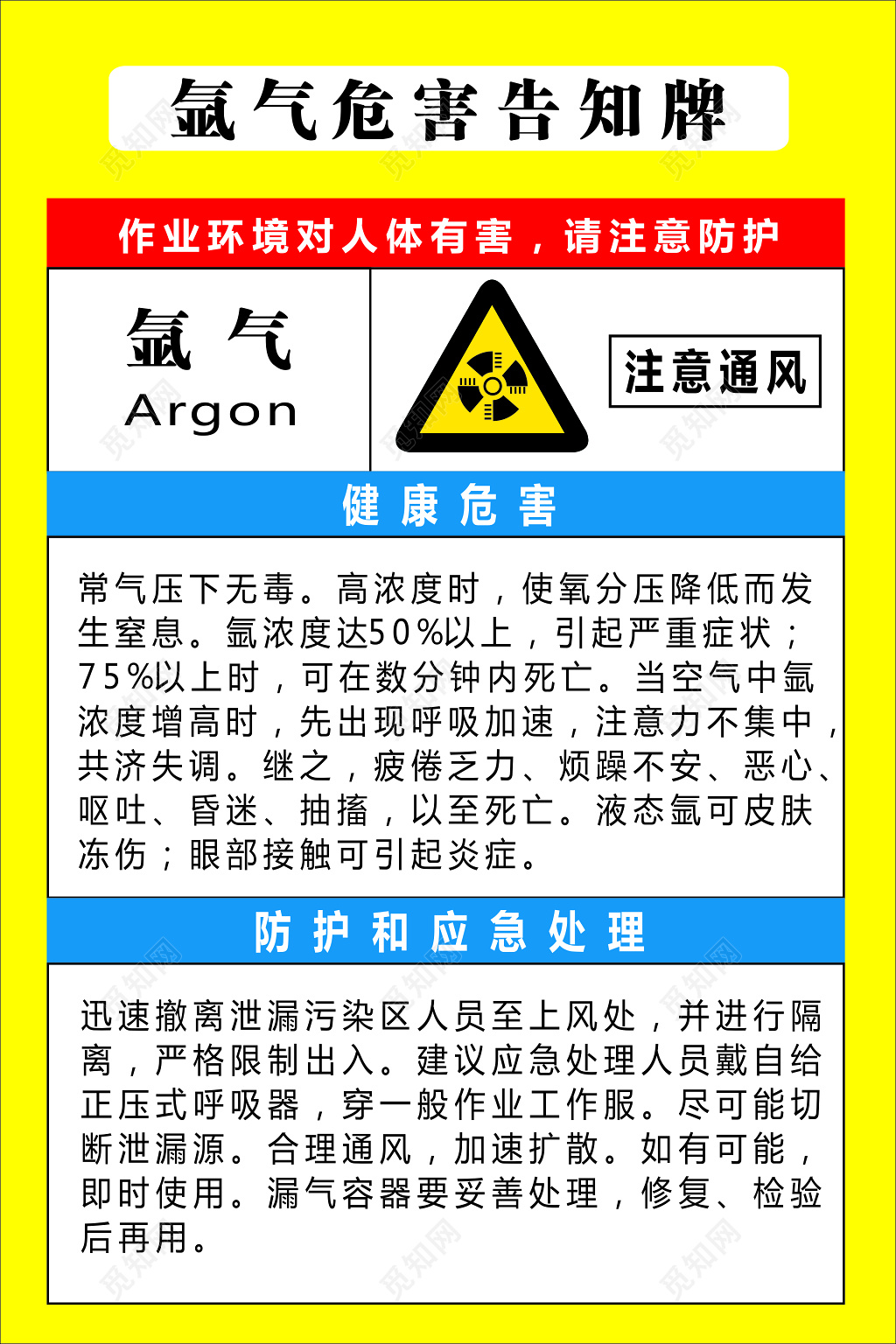 氩气作业环境健康危害防护应急处理告知牌