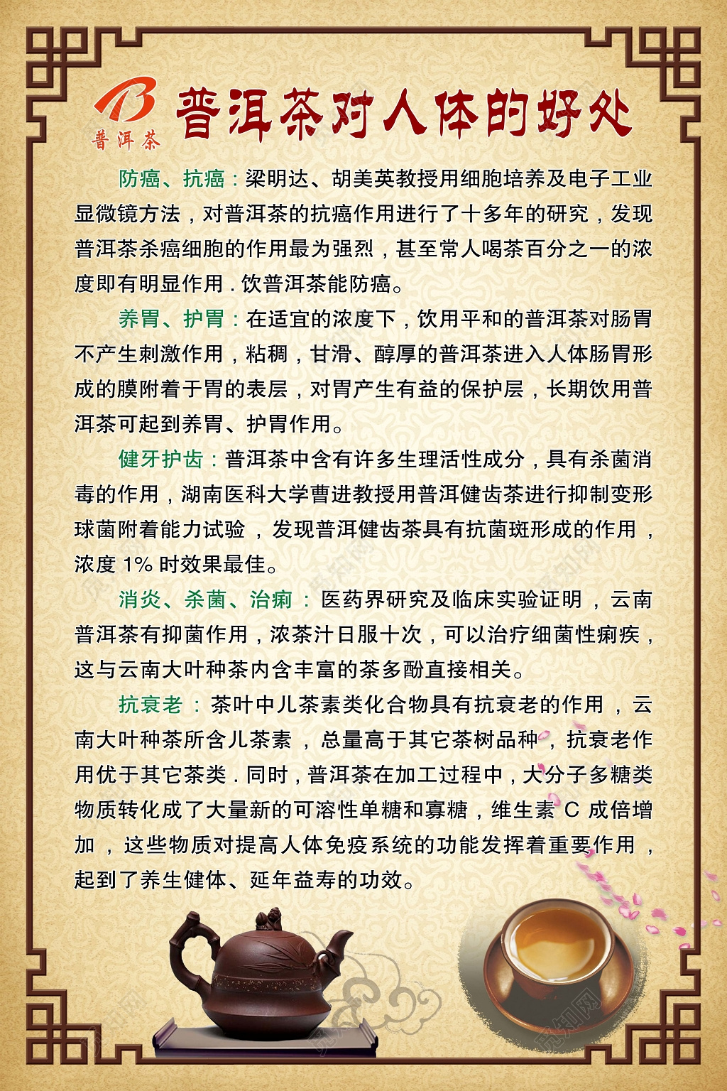 茶叶普洱茶益处宣传古朴中医普洱茶益处健康功效宣传展板设计