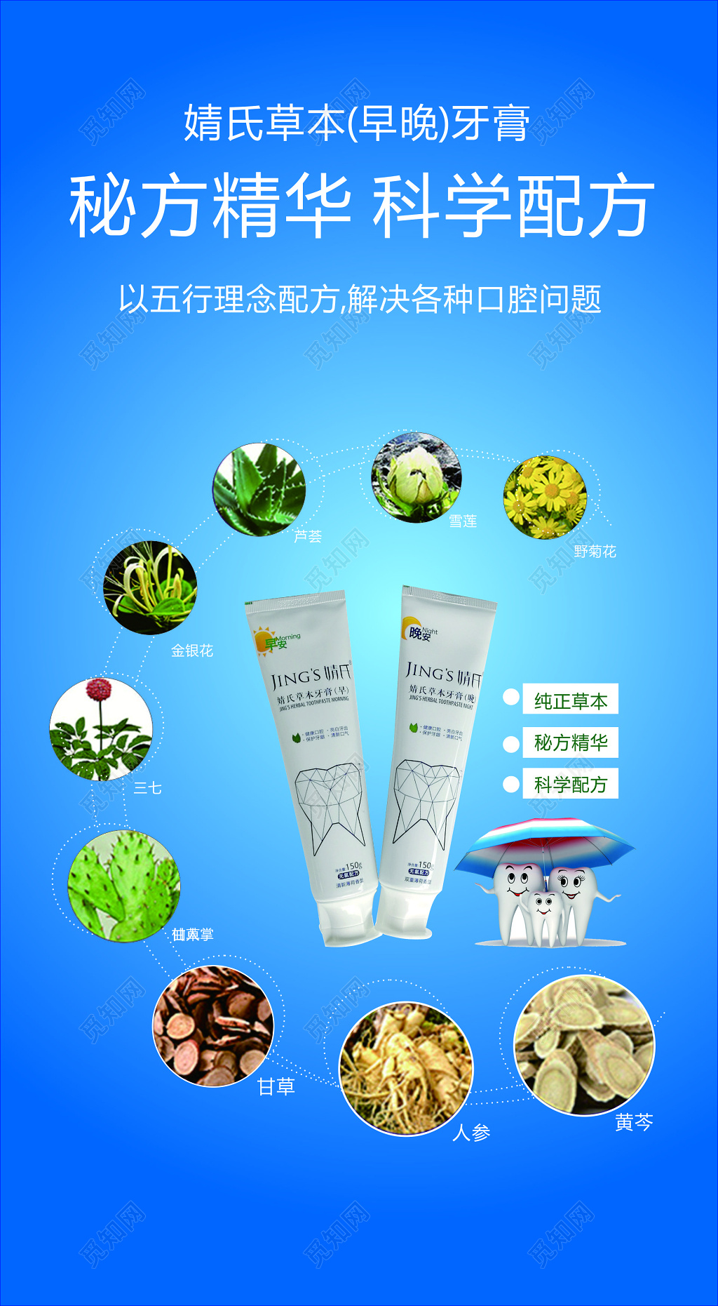 草本早晚牙膏五行理念配方解决口腔问题蓝色海报模板