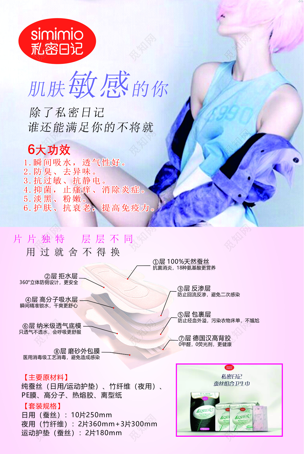 卫生巾片片独特层层不同主要原材料套装规格简介海报模板