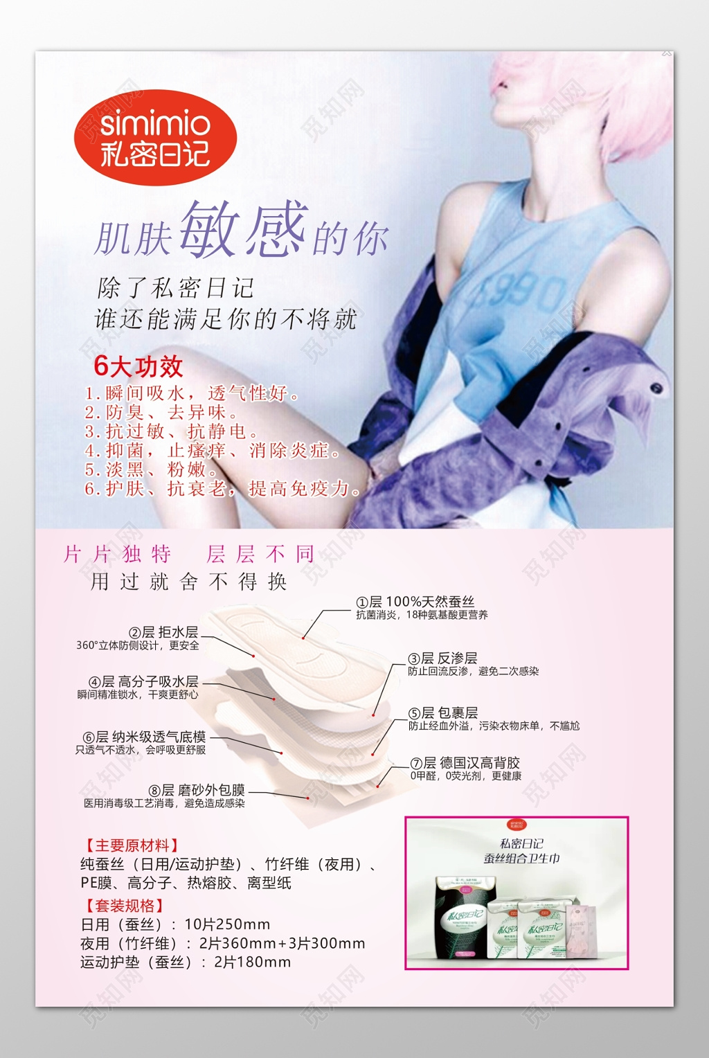 卫生巾片片独特层层不同主要原材料套装规格简介海报模板