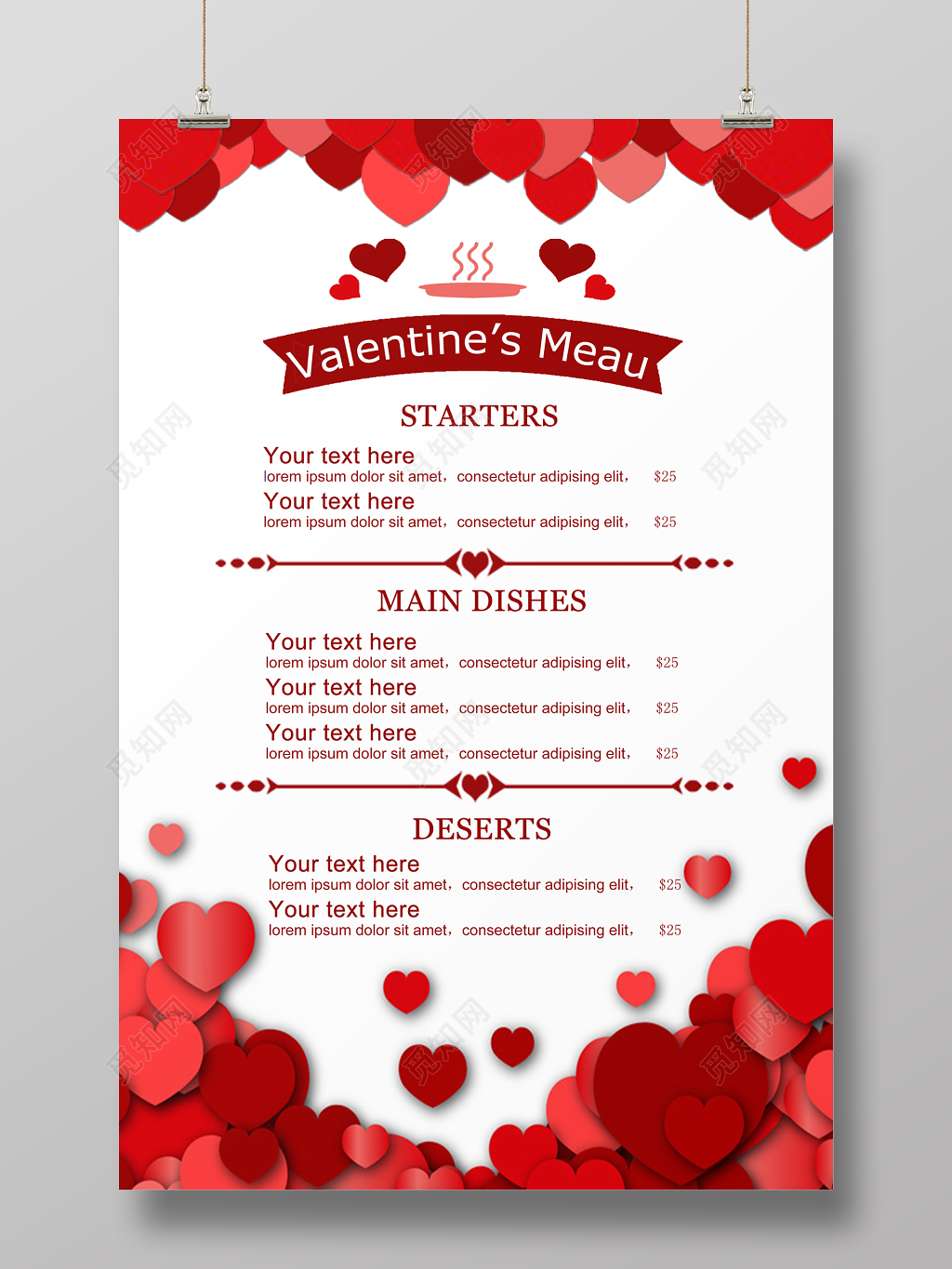 214情人节菜单红色爱心可爱小清新唯美浪美创意海报