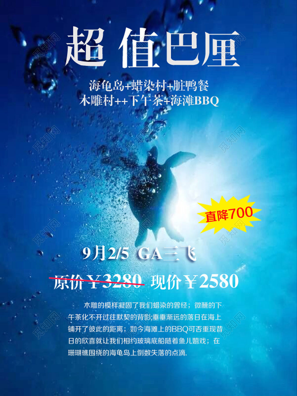 岛屿旅行行程安排旅游报价深海蓝色果冻海龟巴厘岛超值宣传单设计