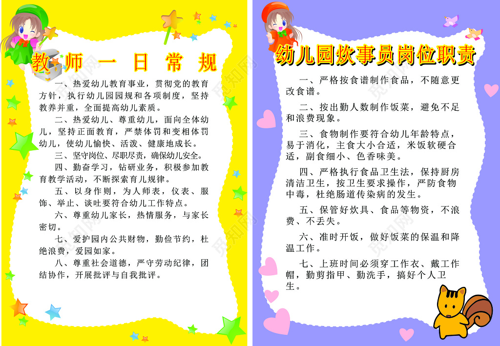 幼儿园教师一日常规炊事员岗位职责卡通制度牌