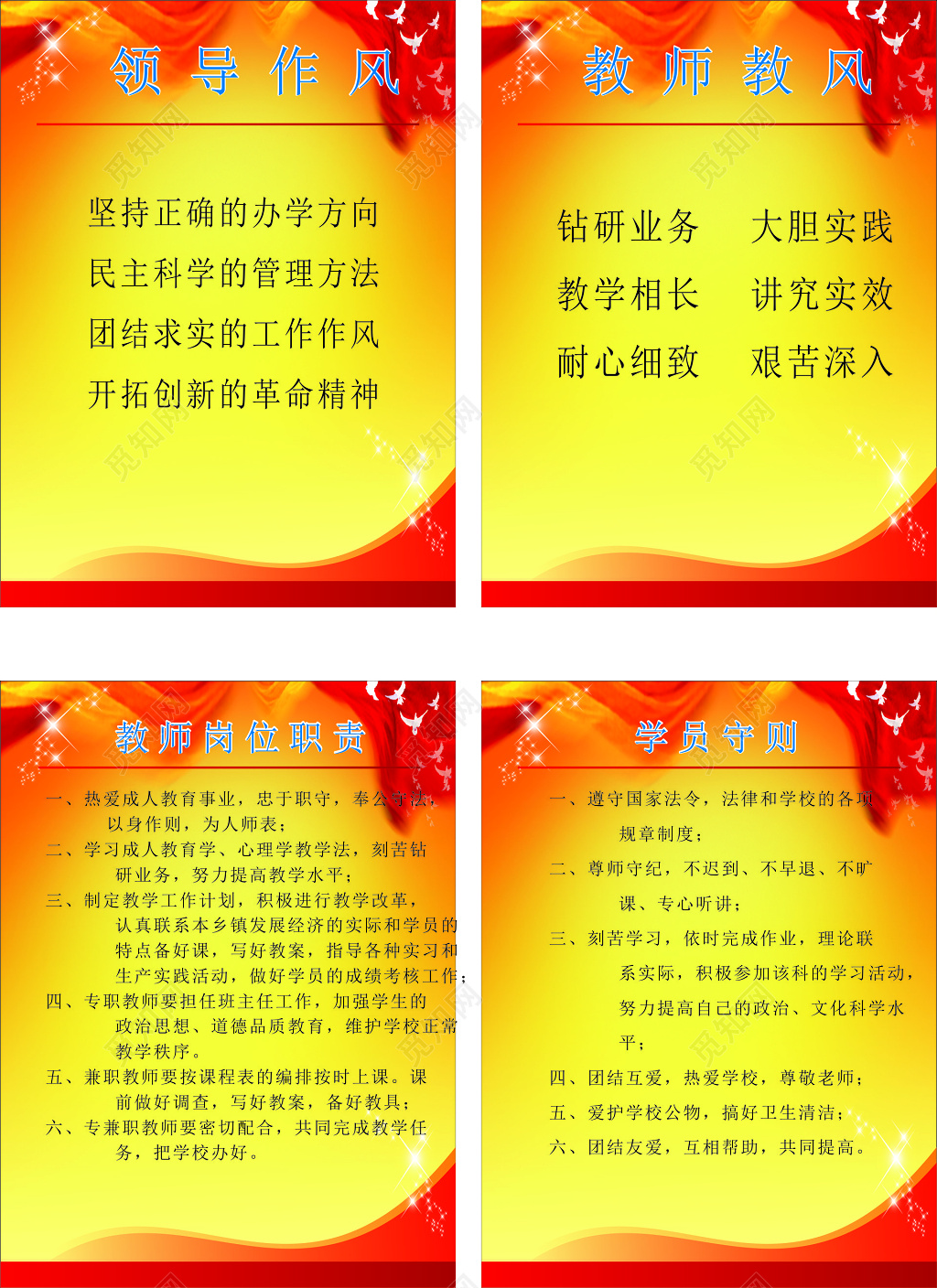 学校领导作风教师教风岗位职责学员守则制度牌