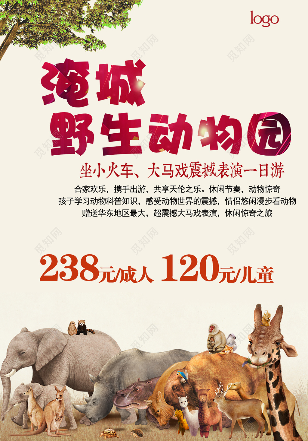野生动物园马戏表演一日游简单动物海报模板