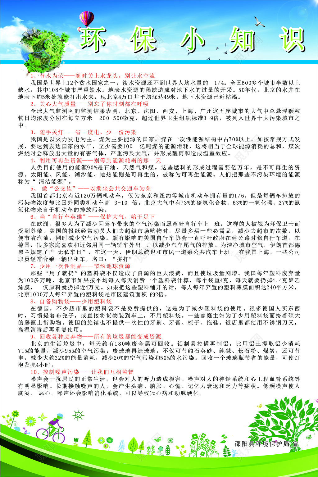 环保小知识节水为荣随手关灯节约地球资源少用塑料袋宣传栏