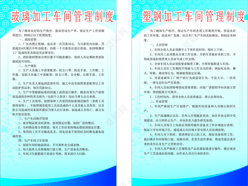 公司车间玻璃塑钢加工安全操作规程蓝色制度牌