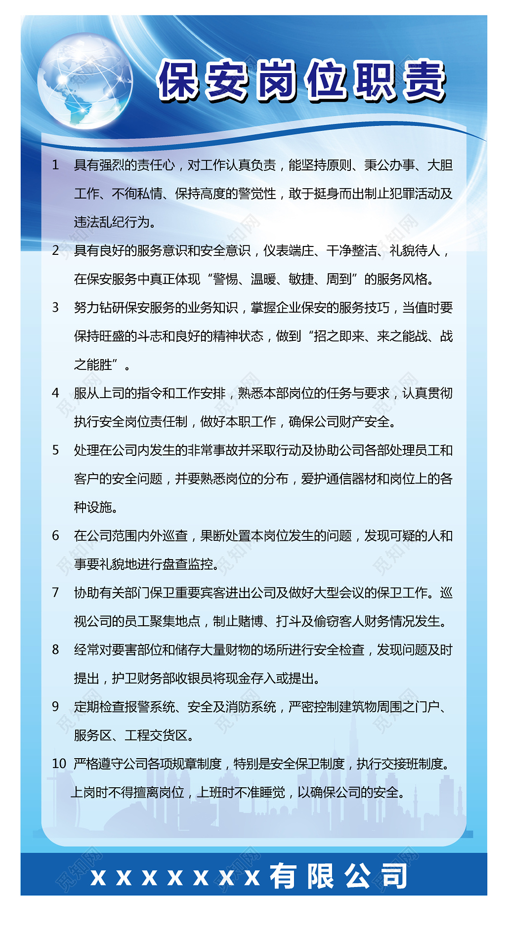 蓝色保安岗位职责宣传牌