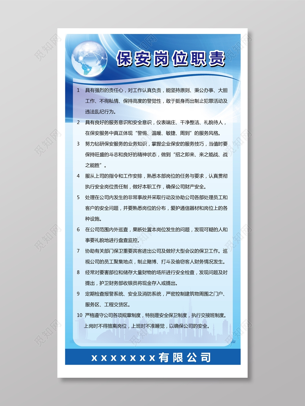 蓝色保安岗位职责宣传牌