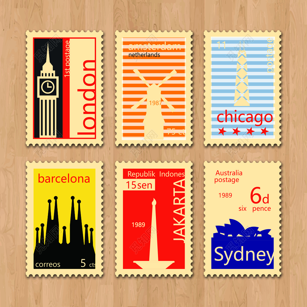 复古国外经典邮票伦敦芝加哥巴塞罗那简约