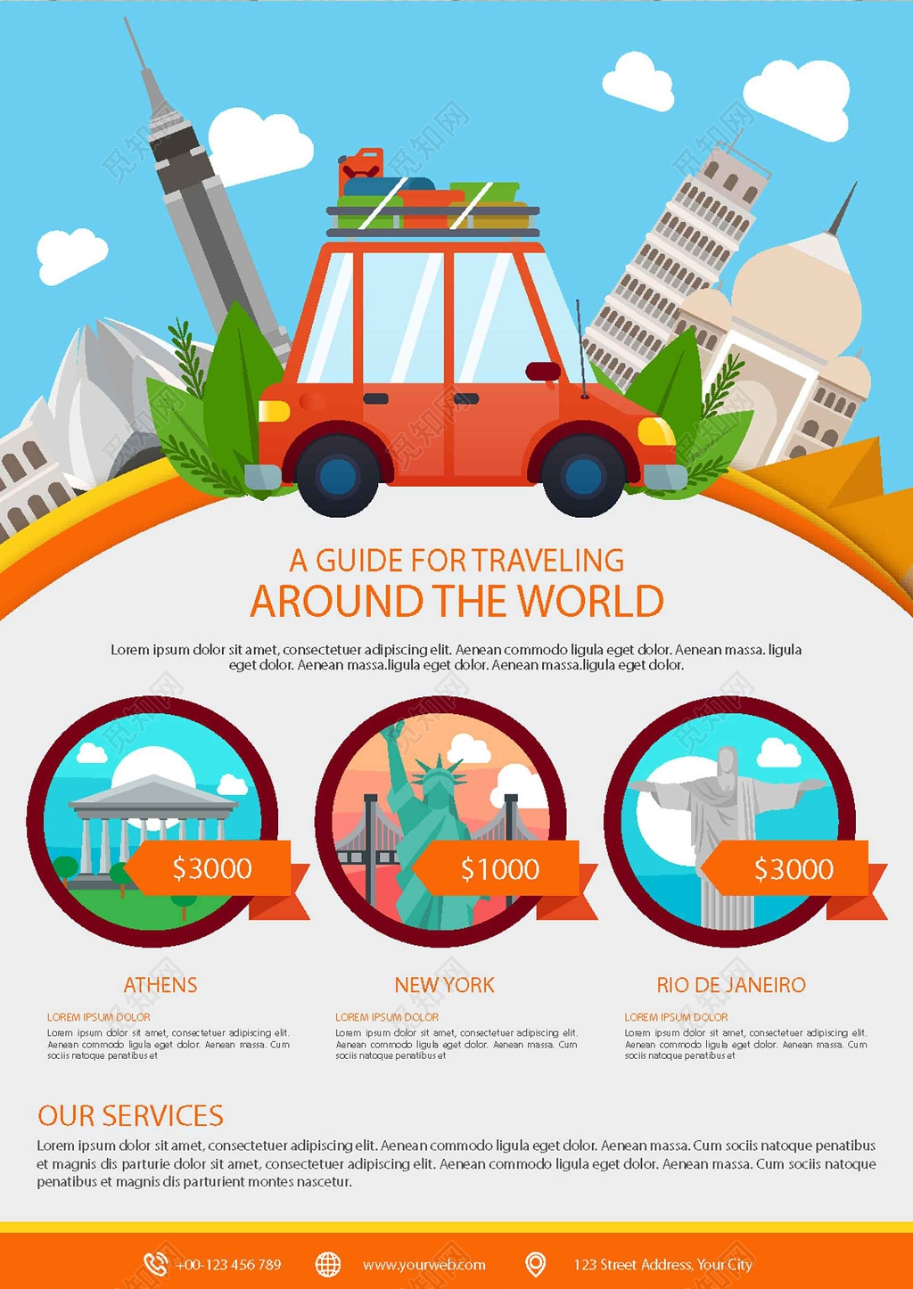 驾车环球旅游扁平插画海报